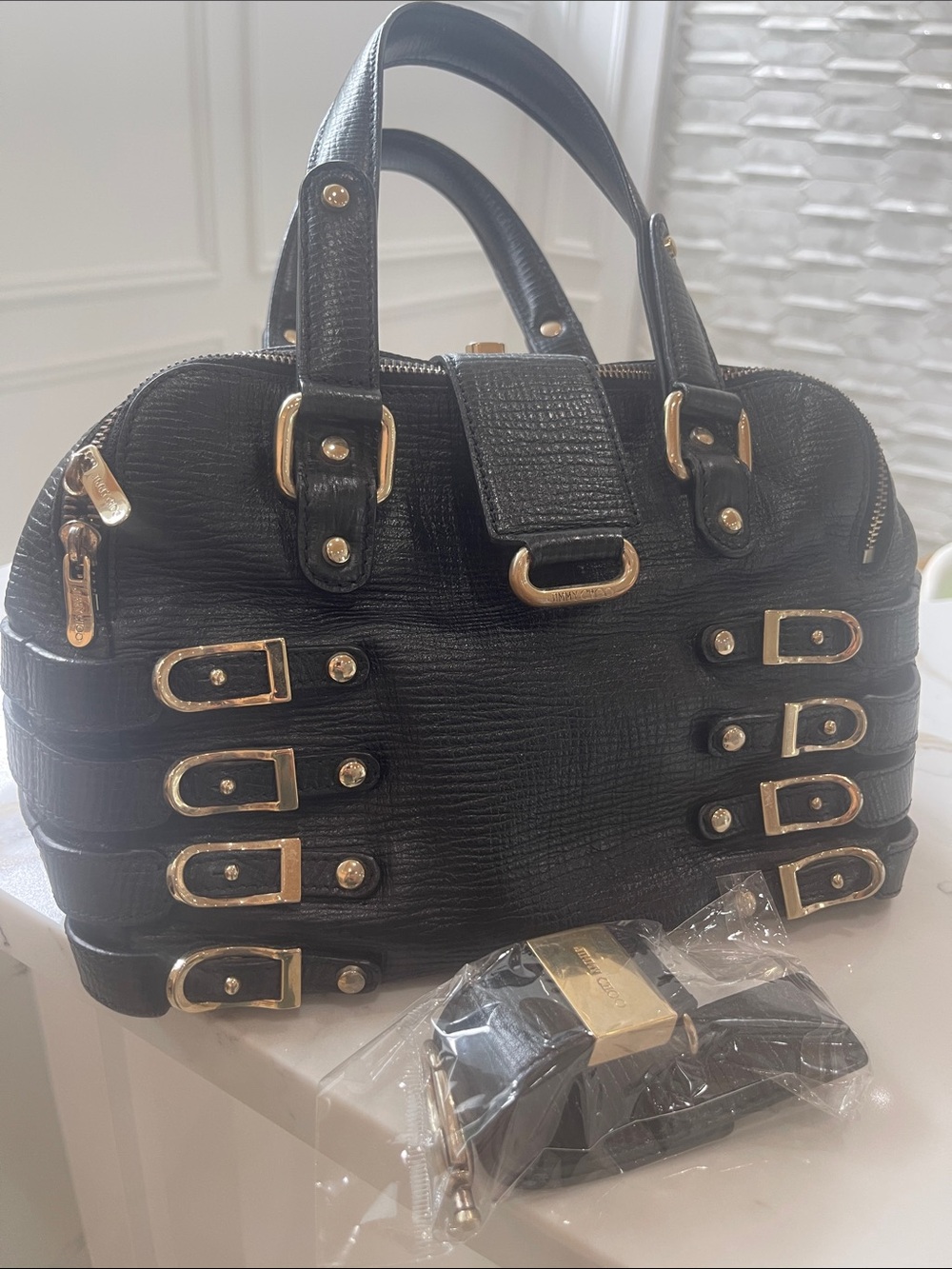 Authentic Jimmy Choo Blyth Black Bag with Gold Hardware